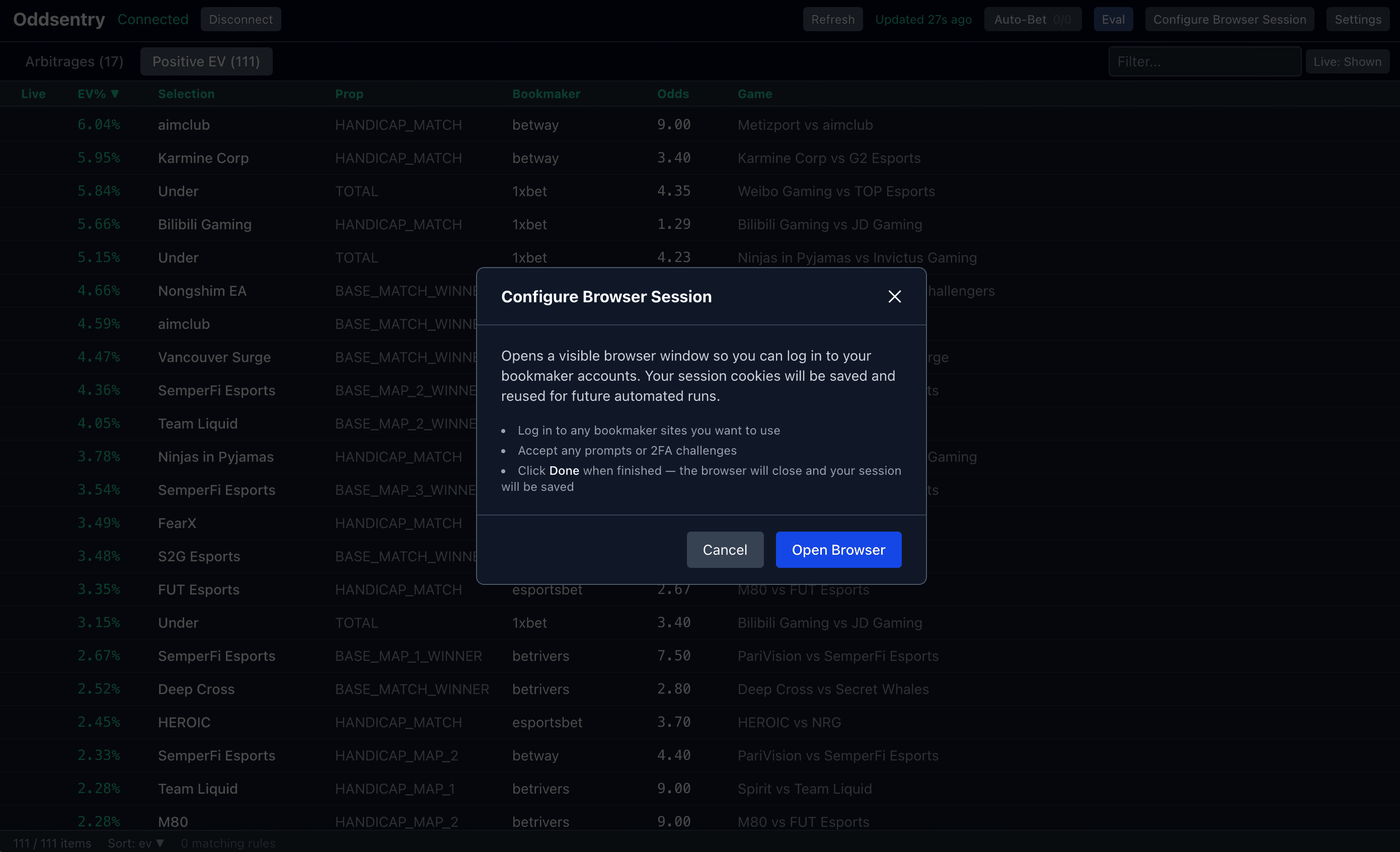 Oddsentry Desktop Agent - Browser Session Configuration